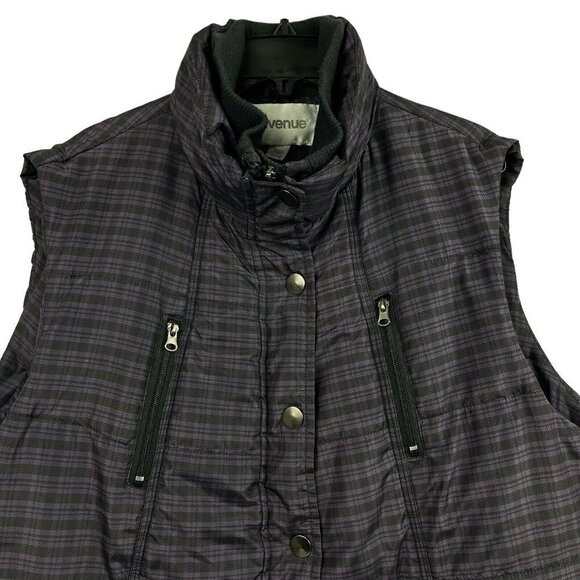 Avenue Womens Puffer Vest Purple Black Plaid Pockets Size 22/24 - Picture 3 of 11
